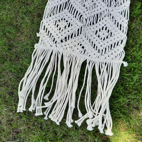 Boho Cream Macrame Woven Table Runner With Long Fringe Ends - Picture 2 of 6
